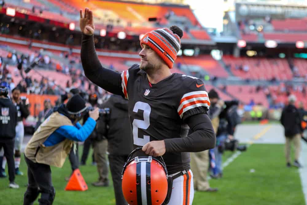 Cleveland Browns punter Dustin Colquitt (2) leaves the field following the National Football League game between the Baltimore Ravens and Cleveland Browns on December 12, 2021, at FirstEnergy Stadium in Cleveland, OH. 