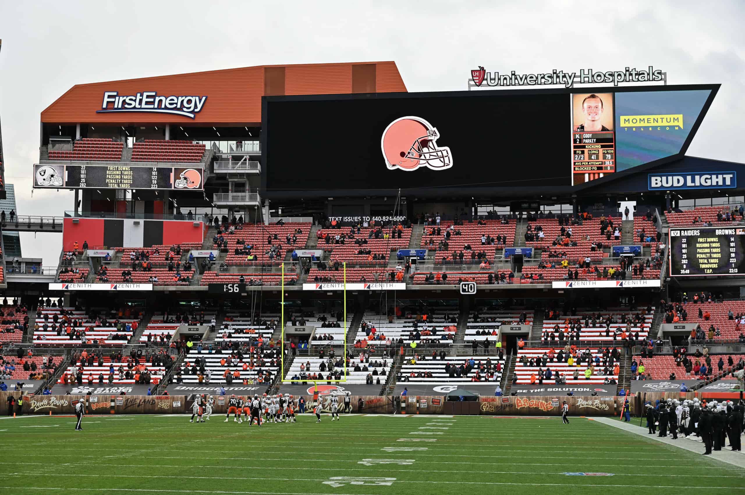 The Cleveland Browns attempt unsuccessfully a field goal against the Las Vegas Raiders at FirstEnergy Stadium on November 1, 2020 in Cleveland, Ohio.