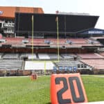 Field Goal Challenge - ONEPASS, allows fans to test their ability to kick a field goal through NFL uprights on field at FirstEnergy Stadium during the NFL Experience on April 28, 2021 in Cleveland, Ohio.