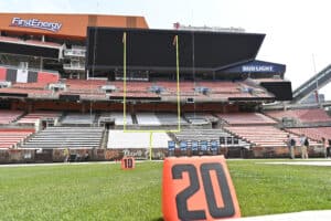 Field Goal Challenge - ONEPASS, allows fans to test their ability to kick a field goal through NFL uprights on field at FirstEnergy Stadium during the NFL Experience on April 28, 2021 in Cleveland, Ohio.