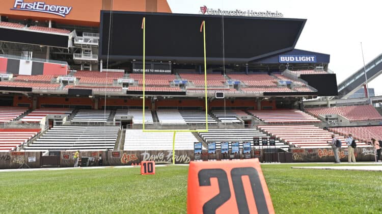 Field Goal Challenge - ONEPASS, allows fans to test their ability to kick a field goal through NFL uprights on field at FirstEnergy Stadium during the NFL Experience on April 28, 2021 in Cleveland, Ohio.