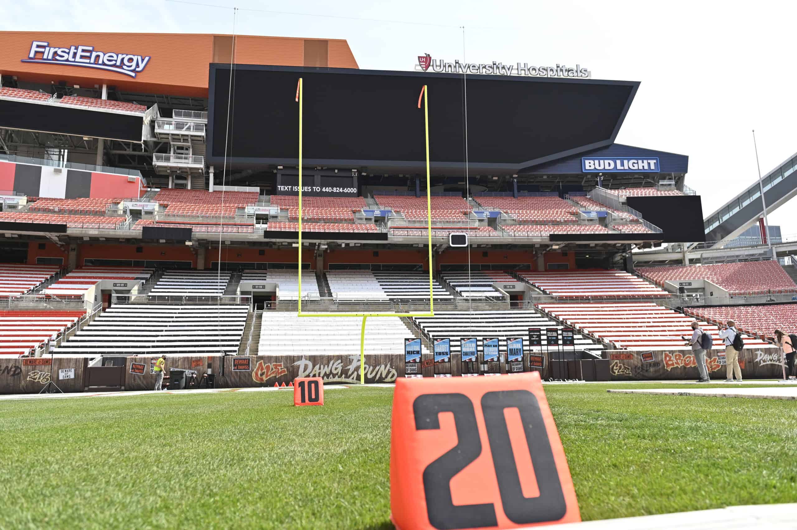 Field Goal Challenge - ONEPASS, allows fans to test their ability to kick a field goal through NFL uprights on field at FirstEnergy Stadium during the NFL Experience on April 28, 2021 in Cleveland, Ohio. 