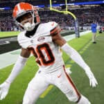 Greg Newsome II #20 of the Cleveland Browns celebrate a second half interception during a game against the Baltimore Ravens at M&T Bank Stadium on November 28, 2021 in Baltimore, Maryland.