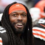 Jadeveon Clowney #90 of the Cleveland Browns looks on during the third quarter against the Arizona Cardinals at FirstEnergy Stadium on October 17, 2021 in Cleveland, Ohio.