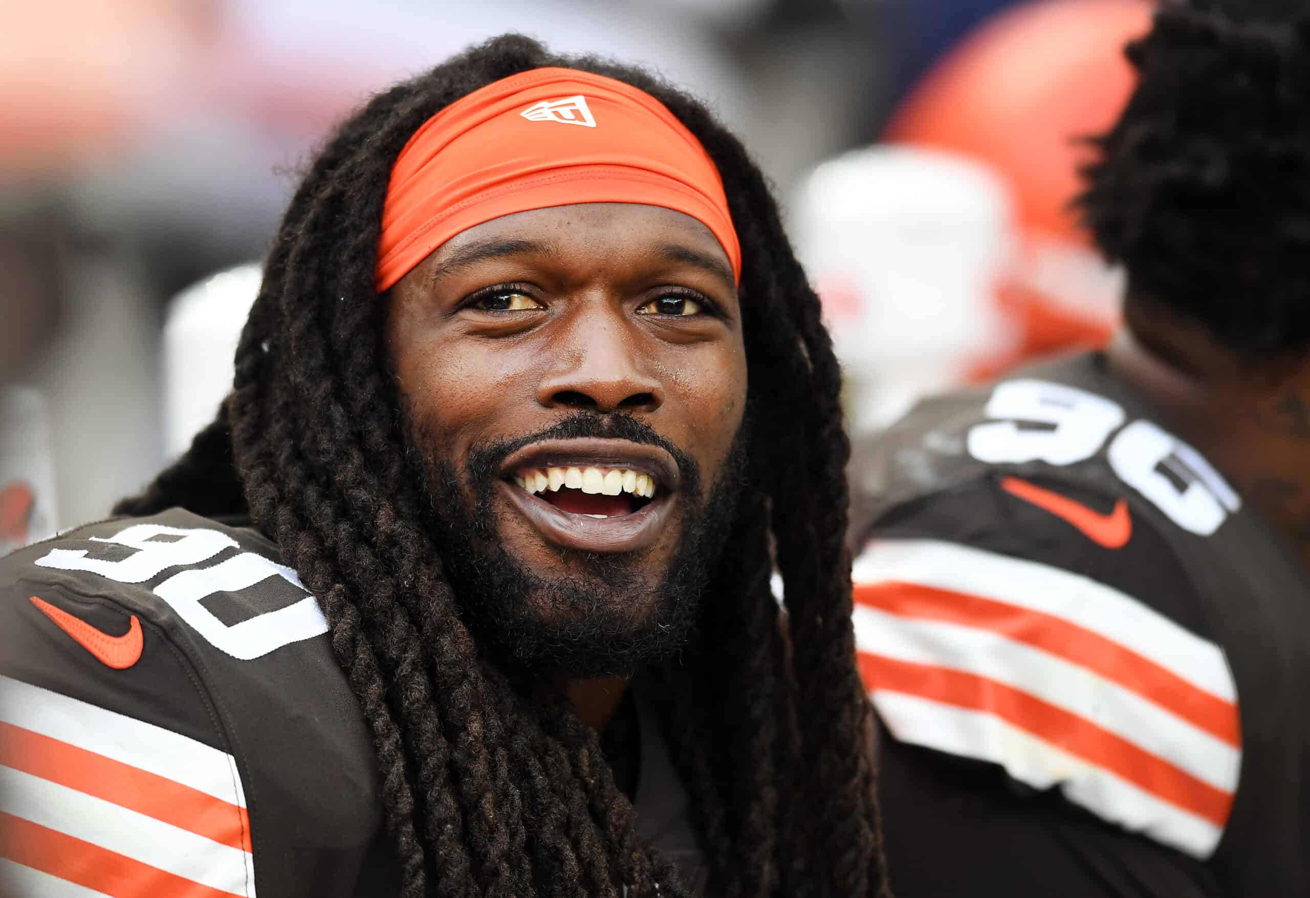 Jadeveon Clowney #90 of the Cleveland Browns looks on during the third quarter against the Arizona Cardinals at FirstEnergy Stadium on October 17, 2021 in Cleveland, Ohio.