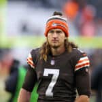 Cleveland Browns punter Jamie Gillan (7) leaves the field following the National Football League game between the Detroit Lions and Cleveland Browns on November 21, 2021, at FirstEnergy Stadium in Cleveland, OH.