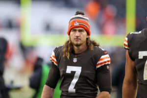 Cleveland Browns punter Jamie Gillan (7) leaves the field following the National Football League game between the Detroit Lions and Cleveland Browns on November 21, 2021, at FirstEnergy Stadium in Cleveland, OH.