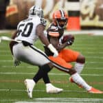 Wide receiver Jarvis Landry #80 of the Cleveland Browns makes a reception against linebacker Nicholas Morrow #50 of the Las Vegas Raiders during the first half of the NFL game at FirstEnergy Stadium on November 01, 2020 in Cleveland, Ohio.