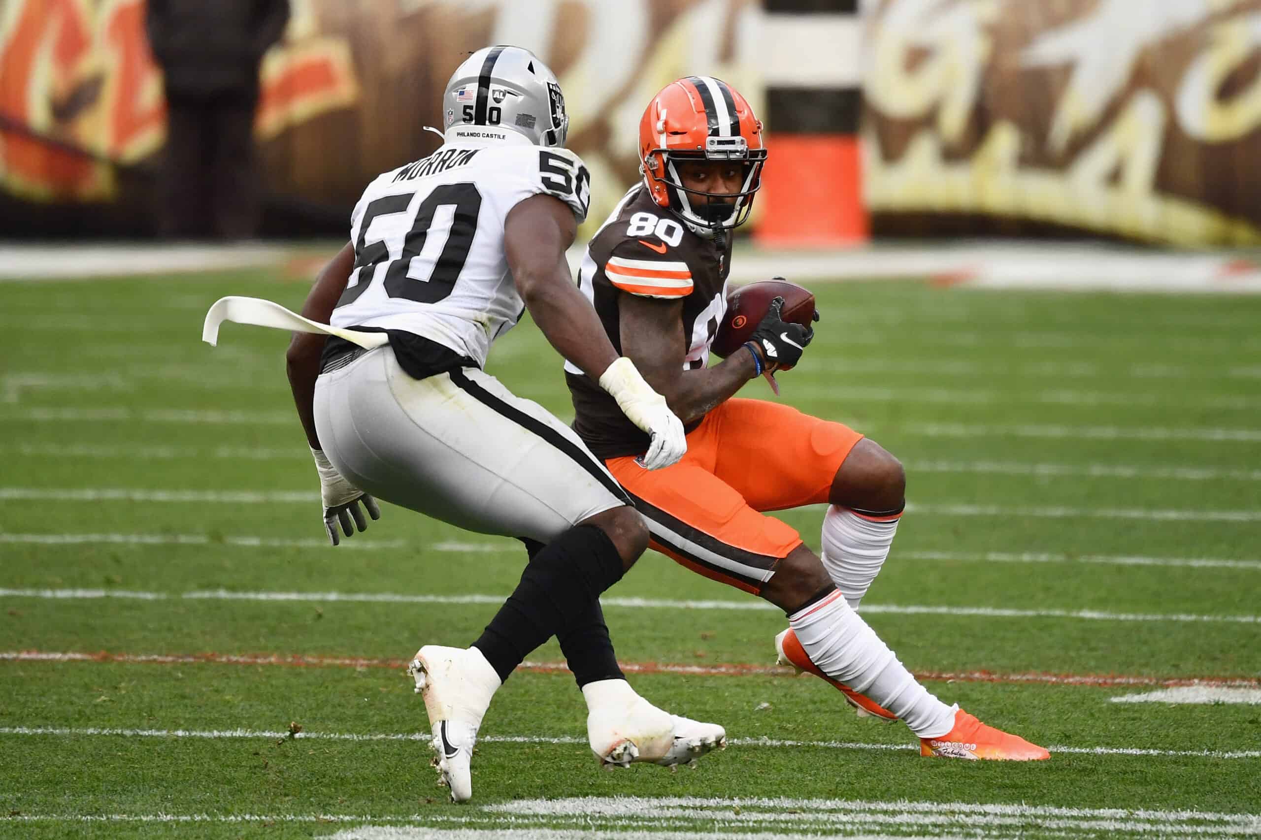 Wide receiver Jarvis Landry #80 of the Cleveland Browns makes a reception against linebacker Nicholas Morrow #50 of the Las Vegas Raiders during the first half of the NFL game at FirstEnergy Stadium on November 01, 2020 in Cleveland, Ohio.