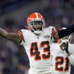 John Johnson III #43 of the Cleveland Browns reacts to an interception in the fourth quarter during a game against the Baltimore Ravens at M&T Bank Stadium on November 28, 2021 in Baltimore, Maryland.