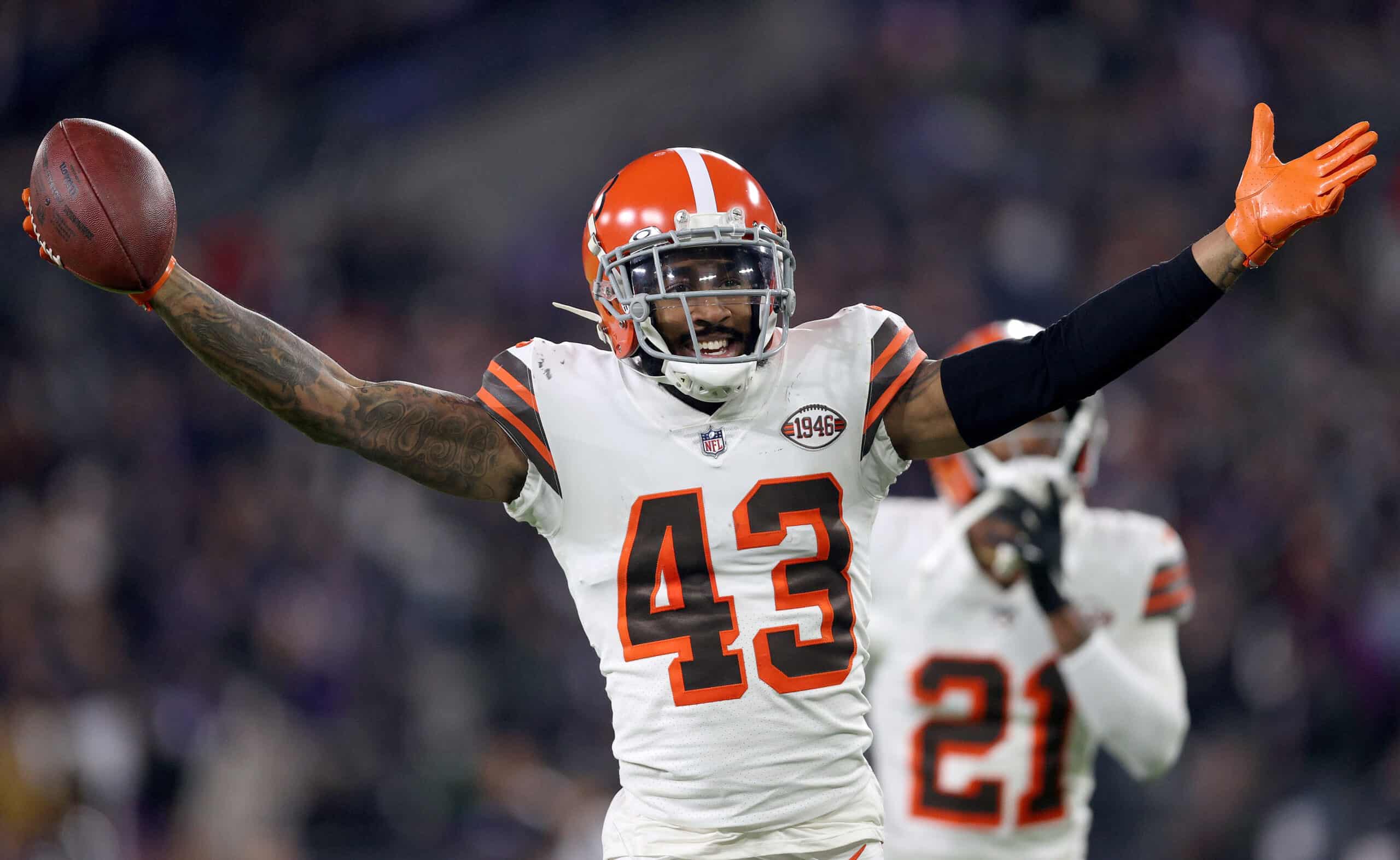 John Johnson III #43 of the Cleveland Browns reacts to an interception in the fourth quarter during a game against the Baltimore Ravens at M&T Bank Stadium on November 28, 2021 in Baltimore, Maryland. 