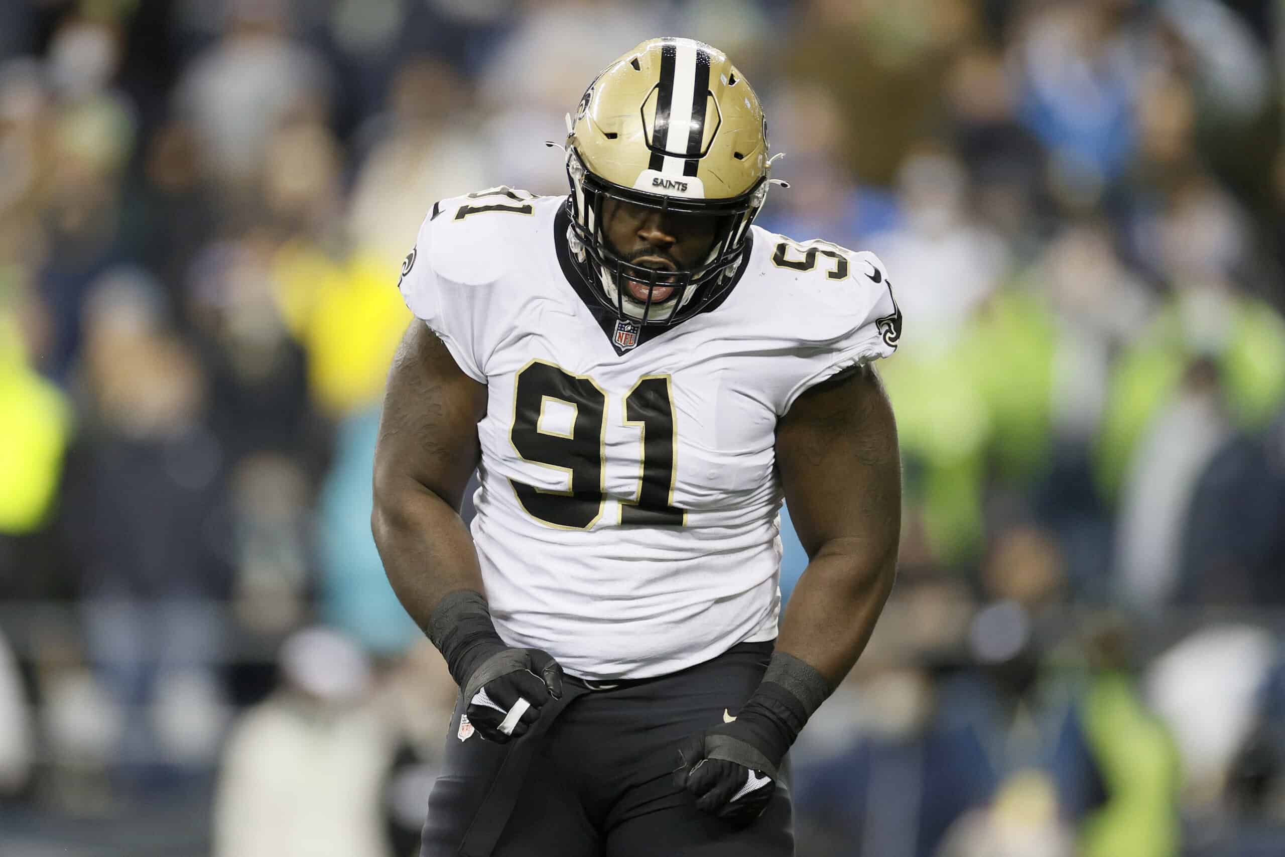 Josiah Bronson #91 of the New Orleans Saints reacts against the Seattle Seahawks during the second quarter at Lumen Field on October 25, 2021 in Seattle, Washington.