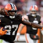 Kareem Hunt #27 of the Cleveland Browns runs with the ball during the fourth quarter against the Arizona Cardinals at FirstEnergy Stadium on October 17, 2021 in Cleveland, Ohio.