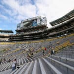 A general view of construction to expand the stadium at the south end of Lambeau Field is shown before the Green Bay Packers take on the Cleveland Browns during a preseason game on August 16, 2012 in Green Bay, Wisconsin.
