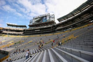 A general view of construction to expand the stadium at the south end of Lambeau Field is shown before the Green Bay Packers take on the Cleveland Browns during a preseason game on August 16, 2012 in Green Bay, Wisconsin.