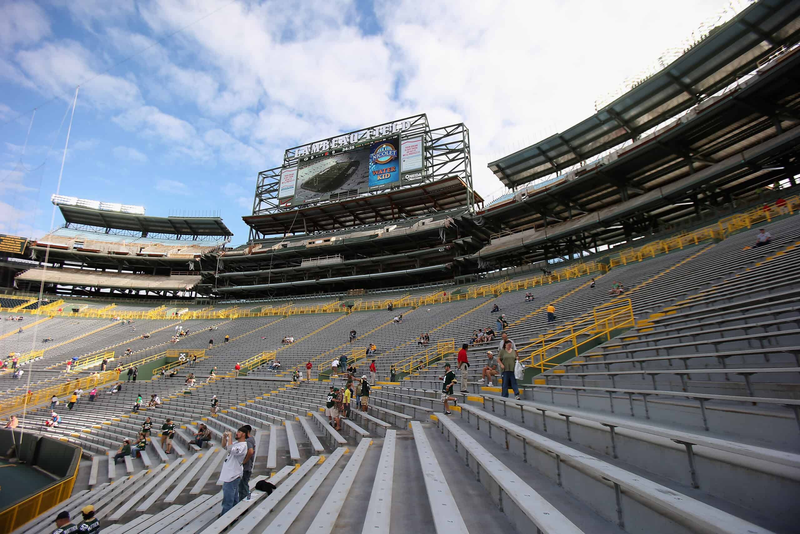 A general view of construction to expand the stadium at the south end of Lambeau Field is shown before the Green Bay Packers take on the Cleveland Browns during a preseason game on August 16, 2012 in Green Bay, Wisconsin.