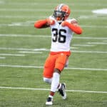 M.J. Stewart Jr. #36 of the Cleveland Browns celebrates after making a tackle against the Cincinnati Bengals during the second half at Paul Brown Stadium on October 25, 2020 in Cincinnati, Ohio.