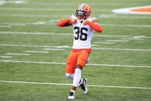 M.J. Stewart Jr. #36 of the Cleveland Browns celebrates after making a tackle against the Cincinnati Bengals during the second half at Paul Brown Stadium on October 25, 2020 in Cincinnati, Ohio.