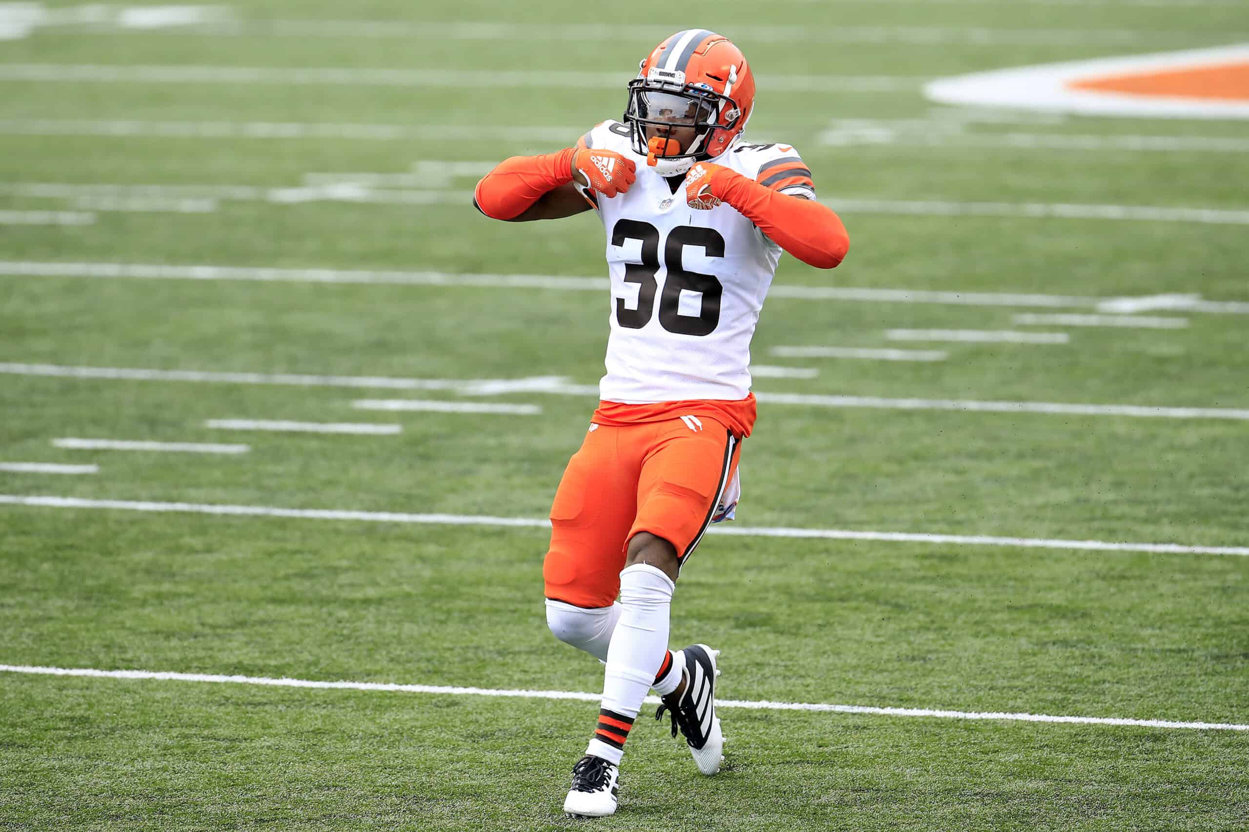 M.J. Stewart Jr. #36 of the Cleveland Browns celebrates after making a tackle against the Cincinnati Bengals during the second half at Paul Brown Stadium on October 25, 2020 in Cincinnati, Ohio. 