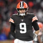Nick Mullens #9 of the Cleveland Browns looks on during the first half of the game against the Las Vegas Raiders at FirstEnergy Stadium on December 20, 2021 in Cleveland, Ohio.
