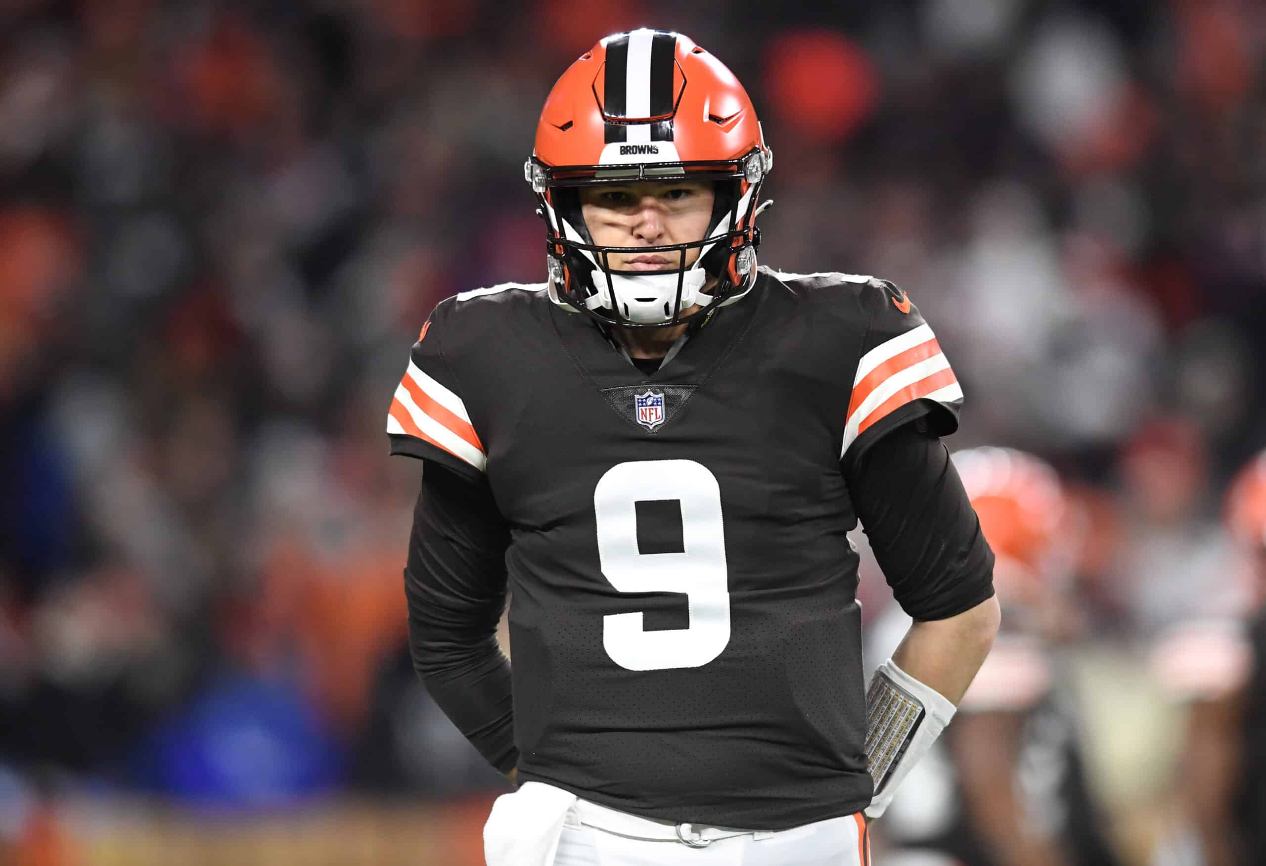 Nick Mullens #9 of the Cleveland Browns looks on during the first half of the game against the Las Vegas Raiders at FirstEnergy Stadium on December 20, 2021 in Cleveland, Ohio. 