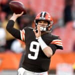 Nick Mullens #9 of the Cleveland Browns warms up before the game against the Las Vegas Raiders at FirstEnergy Stadium on December 20, 2021 in Cleveland, Ohio.