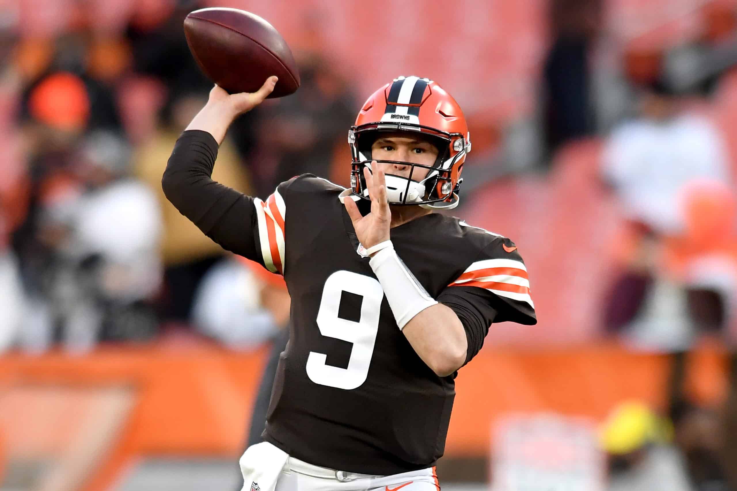 Nick Mullens #9 of the Cleveland Browns warms up before the game against the Las Vegas Raiders at FirstEnergy Stadium on December 20, 2021 in Cleveland, Ohio.