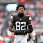 Rashard Higgins #82 of the Cleveland Browns looks on during warm ups prior to the game against the Arizona Cardinals at FirstEnergy Stadium on October 17, 2021 in Cleveland, Ohio.