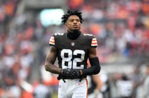 Rashard Higgins #82 of the Cleveland Browns looks on during warm ups prior to the game against the Arizona Cardinals at FirstEnergy Stadium on October 17, 2021 in Cleveland, Ohio.