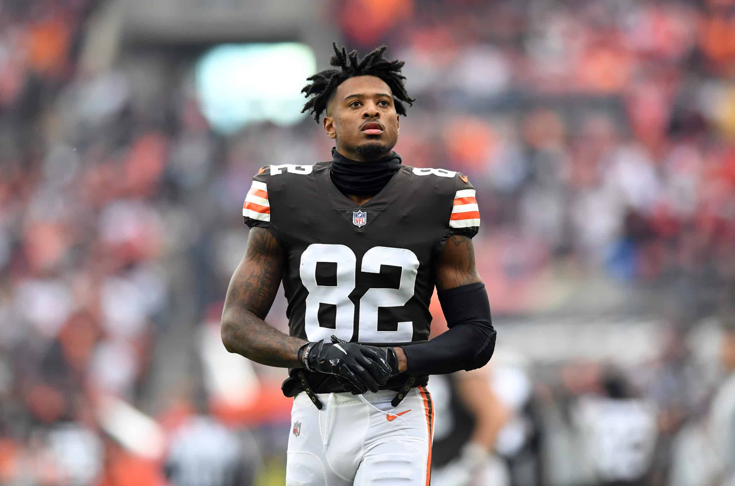 Rashard Higgins #82 of the Cleveland Browns looks on during warm ups prior to the game against the Arizona Cardinals at FirstEnergy Stadium on October 17, 2021 in Cleveland, Ohio.