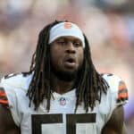 Cleveland Browns defensive end Takkarist McKinley #55 during the NFL game between the Cleveland Browns and the Los Angeles Chargers on October 10, 2021, at SoFi Stadium in Inglewood, CA.