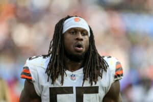 Cleveland Browns defensive end Takkarist McKinley #55 during the NFL game between the Cleveland Browns and the Los Angeles Chargers on October 10, 2021, at SoFi Stadium in Inglewood, CA.