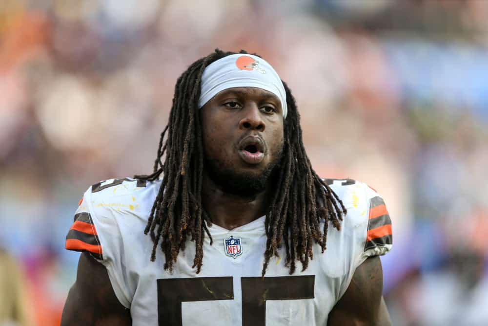 Cleveland Browns defensive end Takkarist McKinley #55 during the NFL game between the Cleveland Browns and the Los Angeles Chargers on October 10, 2021, at SoFi Stadium in Inglewood, CA. 