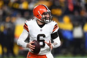 Baker Mayfield #6 of the Cleveland Browns looks to pass during the second quarter against the Pittsburgh Steelers at Heinz Field on January 03, 2022 in Pittsburgh, Pennsylvania.