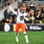 Baker Mayfield #6 of the Cleveland Browns throws a pass during the first quarter against the Pittsburgh Steelers at Heinz Field on January 03, 2022 in Pittsburgh, Pennsylvania.