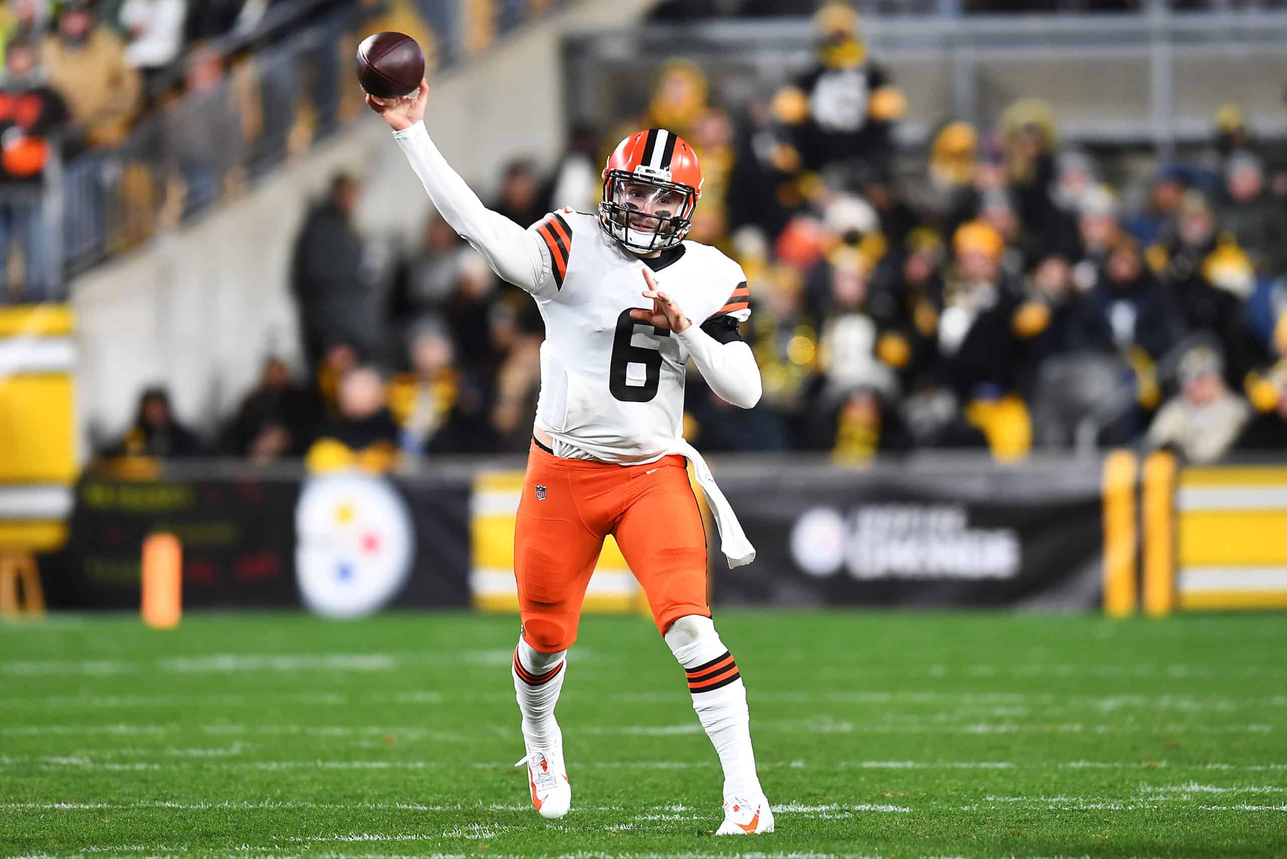 Baker Mayfield #6 of the Cleveland Browns throws a pass during the first quarter against the Pittsburgh Steelers at Heinz Field on January 03, 2022 in Pittsburgh, Pennsylvania.