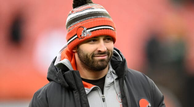 Baker Mayfield #6 of the Cleveland Browns looks on during warm-ups before the game against the Cincinnati Bengals at FirstEnergy Stadium on January 09, 2022 in Cleveland, Ohio.