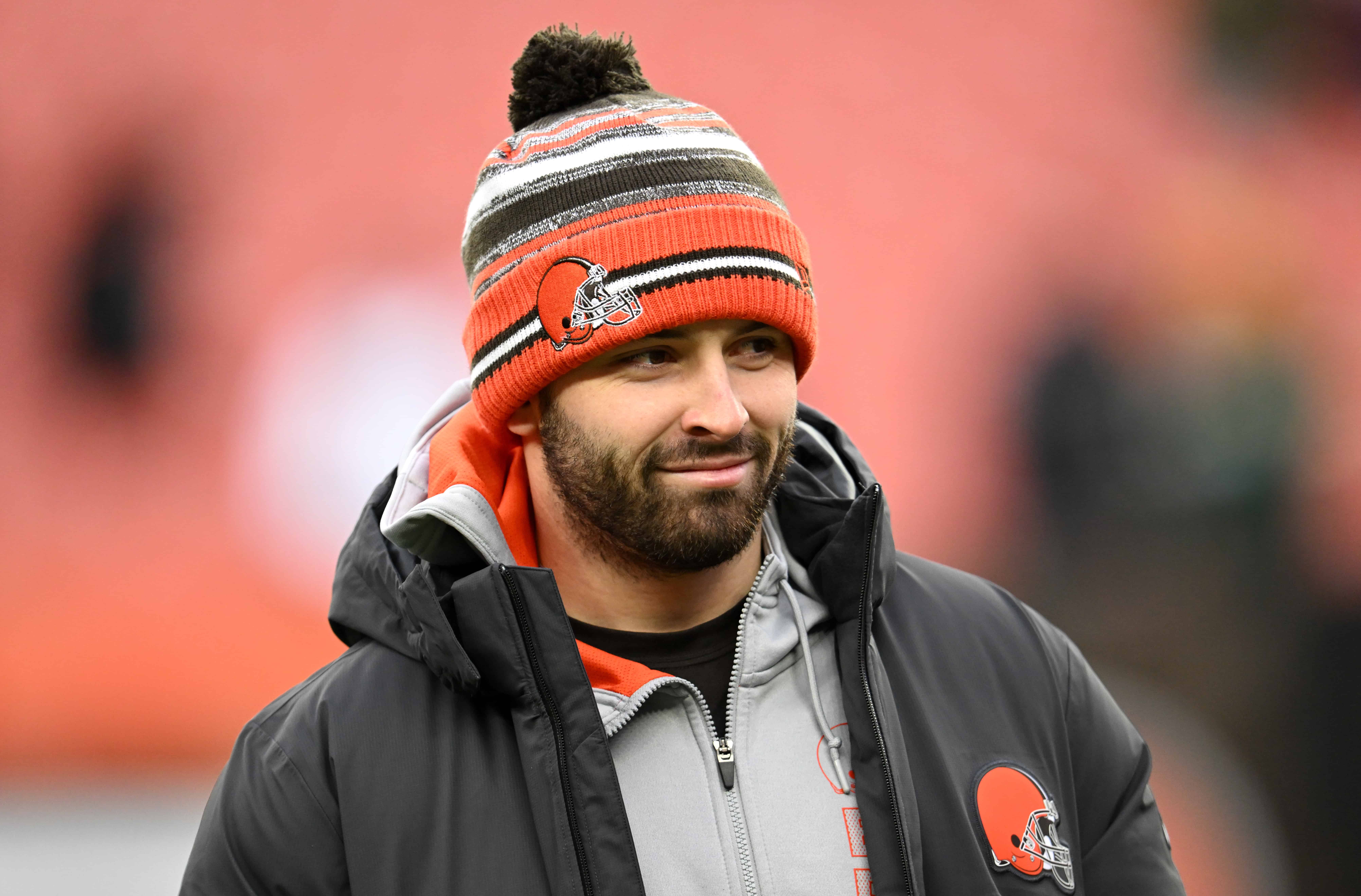 Baker Mayfield #6 of the Cleveland Browns looks on during warm-ups before the game against the Cincinnati Bengals at FirstEnergy Stadium on January 09, 2022 in Cleveland, Ohio. 