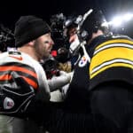 Ben Roethlisberger #7 of the Pittsburgh Steelers talks with Baker Mayfield #6 of the Cleveland Browns after the game at Heinz Field on January 03, 2022 in Pittsburgh, Pennsylvania. The Steelers won 26-14.