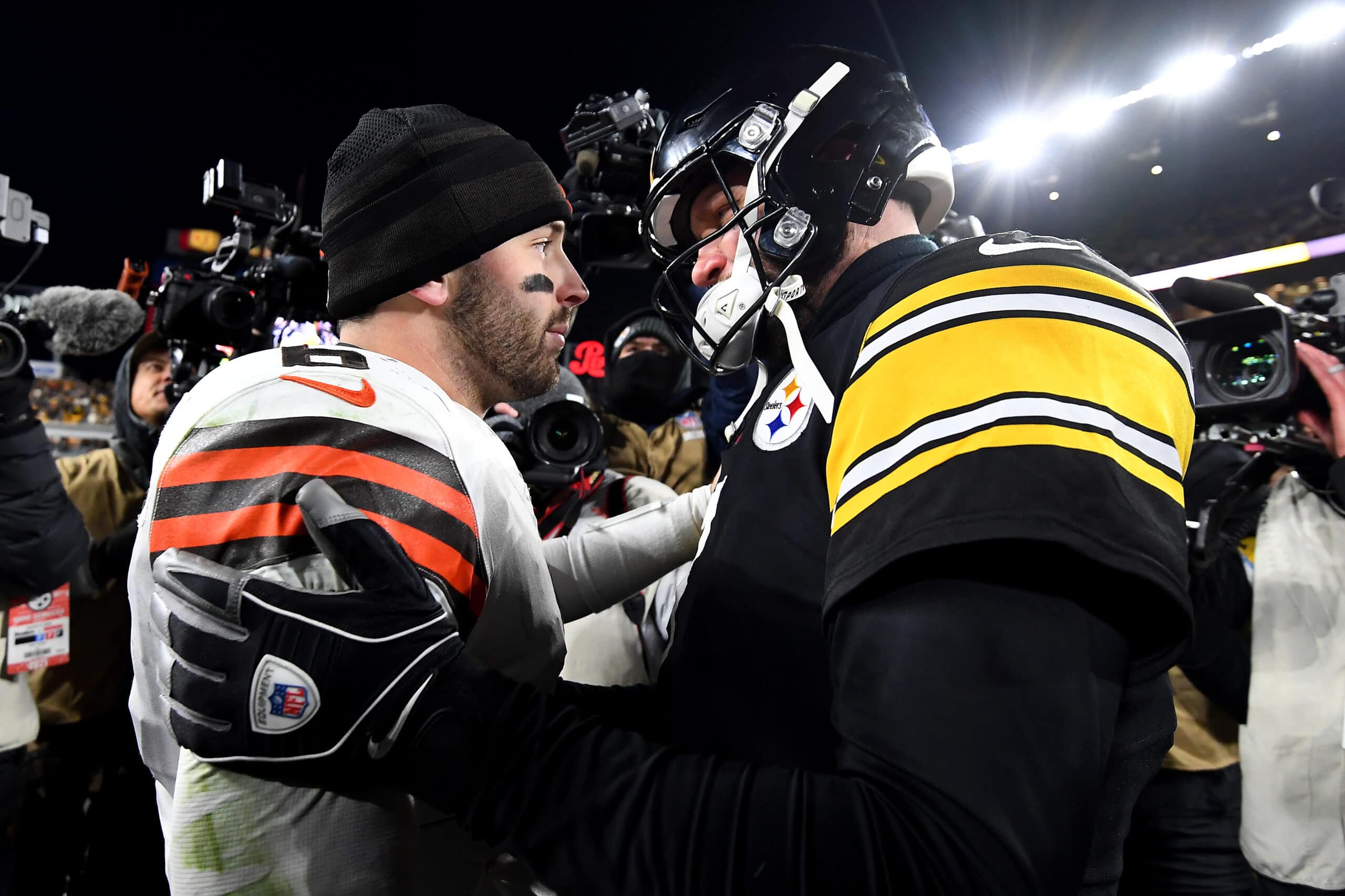 Ben Roethlisberger #7 of the Pittsburgh Steelers talks with Baker Mayfield #6 of the Cleveland Browns after the game at Heinz Field on January 03, 2022 in Pittsburgh, Pennsylvania. The Steelers won 26-14.