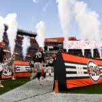 Cleveland Browns players enter the stadium before the game against the Las Vegas Raiders at FirstEnergy Stadium on December 20, 2021 in Cleveland, Ohio.