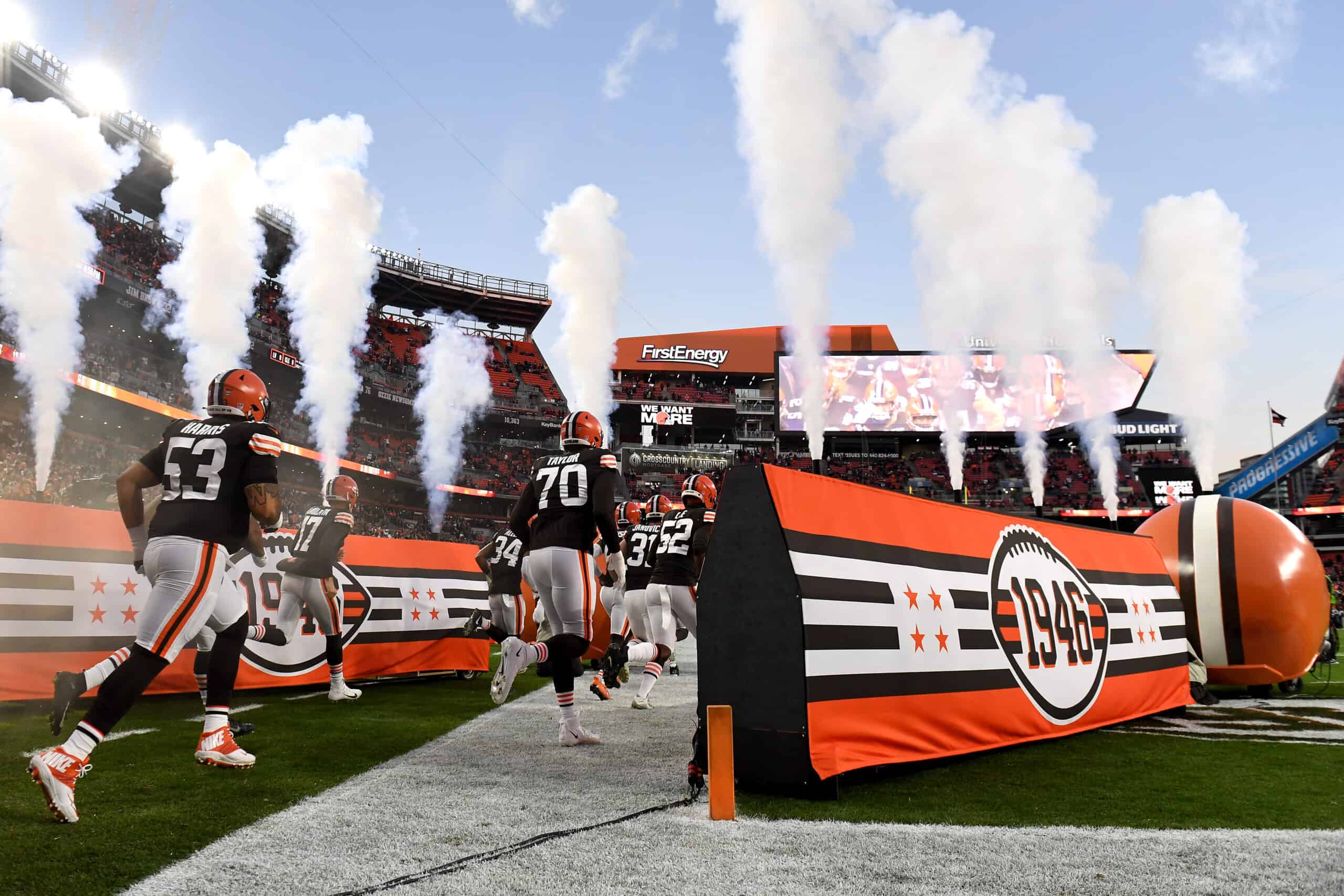 Cleveland Browns players enter the stadium before the game against the Las Vegas Raiders at FirstEnergy Stadium on December 20, 2021 in Cleveland, Ohio.