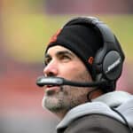 Head coach Kevin Stefanski of the Cleveland Browns looks on during the first half against the Cincinnati Bengals at FirstEnergy Stadium on January 09, 2022 in Cleveland, Ohio.