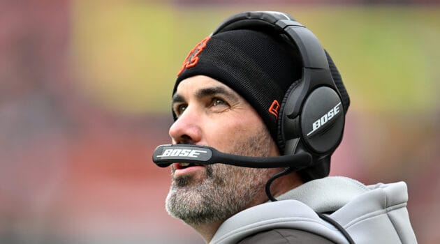 Head coach Kevin Stefanski of the Cleveland Browns looks on during the first half against the Cincinnati Bengals at FirstEnergy Stadium on January 09, 2022 in Cleveland, Ohio.