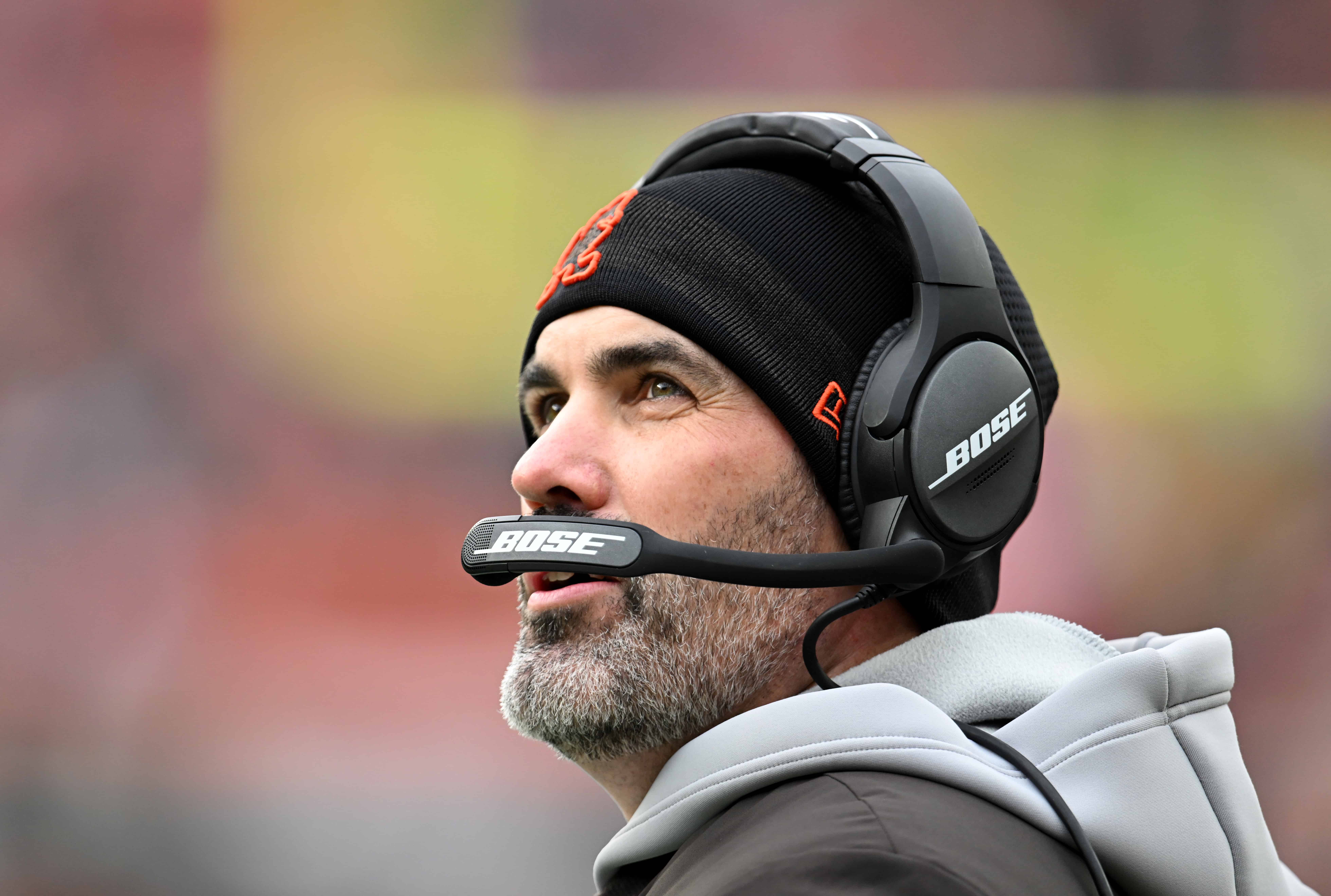 Head coach Kevin Stefanski of the Cleveland Browns looks on during the first half against the Cincinnati Bengals at FirstEnergy Stadium on January 09, 2022 in Cleveland, Ohio.