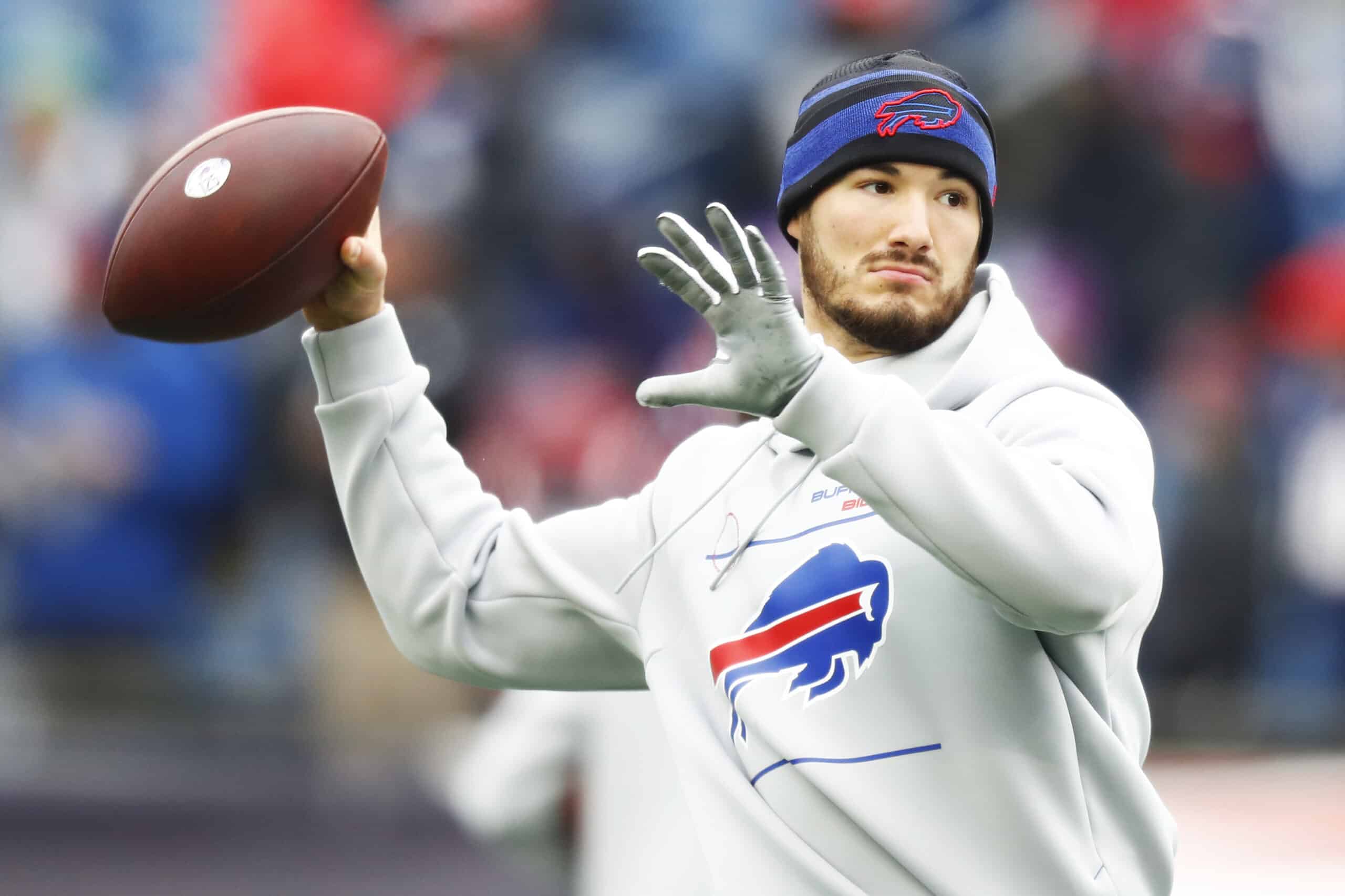 Mitchell Trubisky #10 of the Buffalo Bills throws the ball during pregame warm-ups before the game against the New England Patriots at Gillette Stadium on December 26, 2021 in Foxborough, Massachusetts.