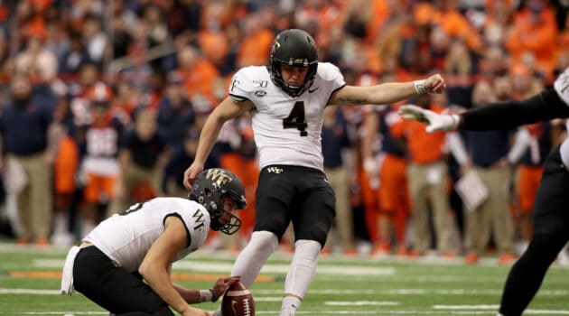 Nick Sciba #4 of the Wake Forest Demon Deacons kicks a field goal during the fourth quarter of an NCAA football game against the Syracuse Orange at the Carrier Dome on November 30, 2019 in Syracuse, New York.