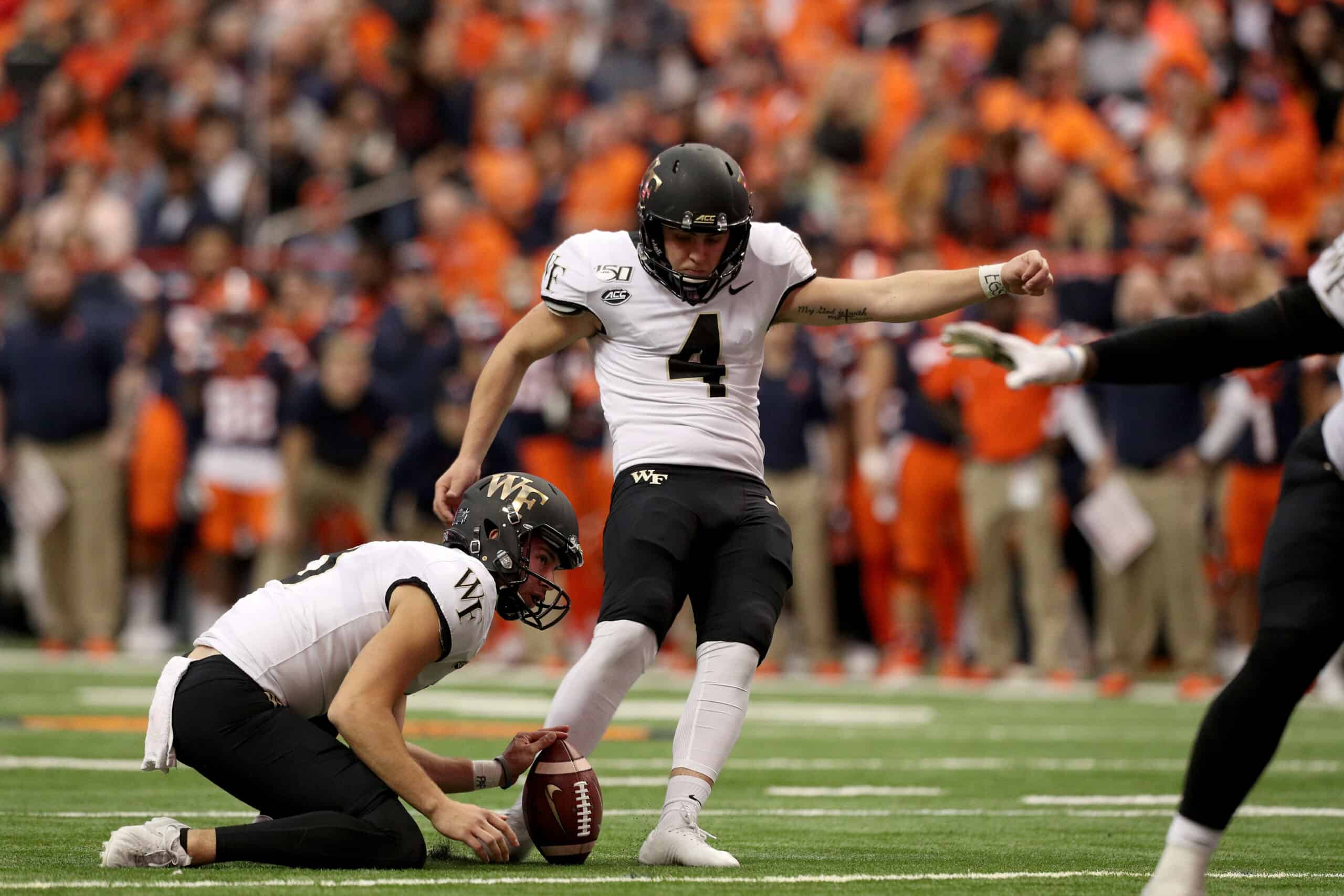 Nick Sciba #4 of the Wake Forest Demon Deacons kicks a field goal during the fourth quarter of an NCAA football game against the Syracuse Orange at the Carrier Dome on November 30, 2019 in Syracuse, New York.