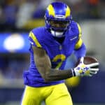 Odell Beckham Jr. #3 of the Los Angeles Rams runs with the ball in the second quarter of the game against the Arizona Cardinals in the NFC Wild Card Playoff game at SoFi Stadium on January 17, 2022 in Inglewood, California.