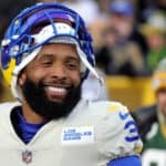 Odell Beckham Jr. #3 of the Los Angeles Rams participates in warmups prior to a game against the Green Bay Packers at Lambeau Field on November 28, 2021 in Green Bay, Wisconsin. The Packers defeated the Rams 36-28.